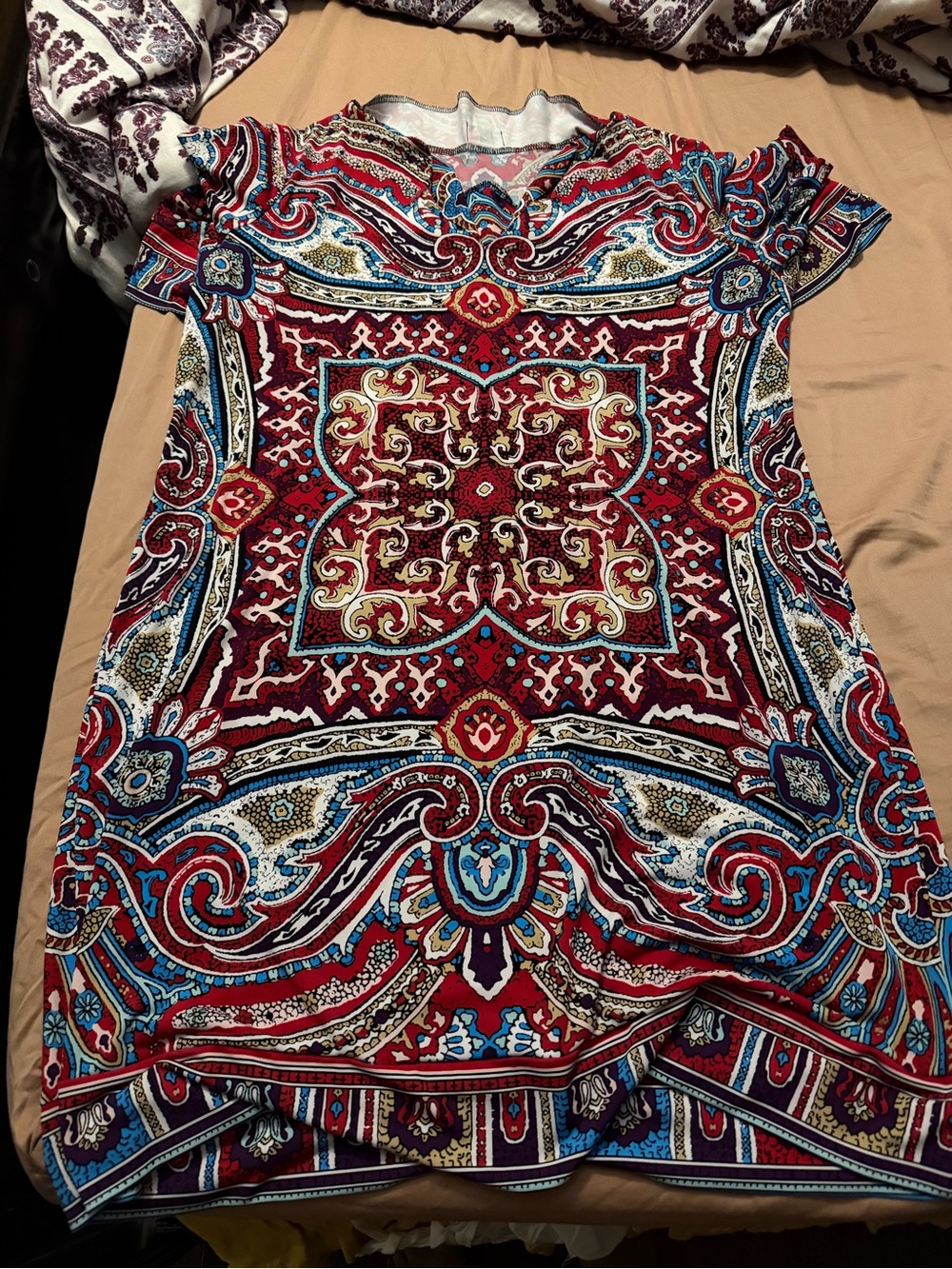 Nicole Miller Red Paisley Medallion Short Sleeve Top